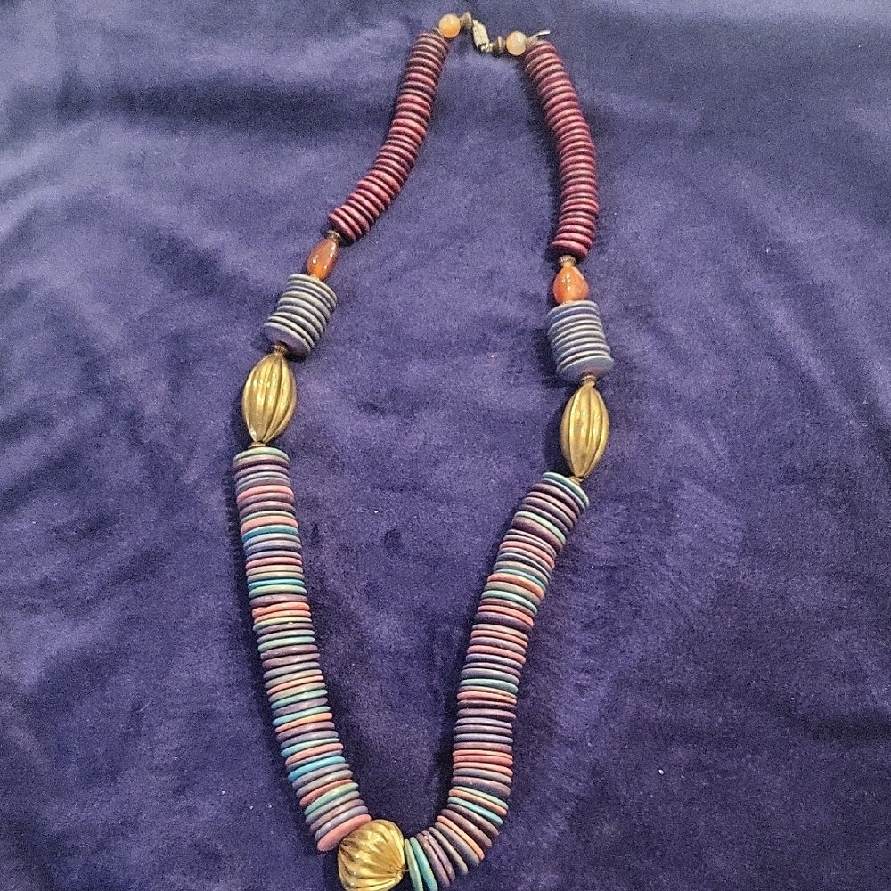 80s Colorful Beaded & Real Shell Necklace with Gold Accents